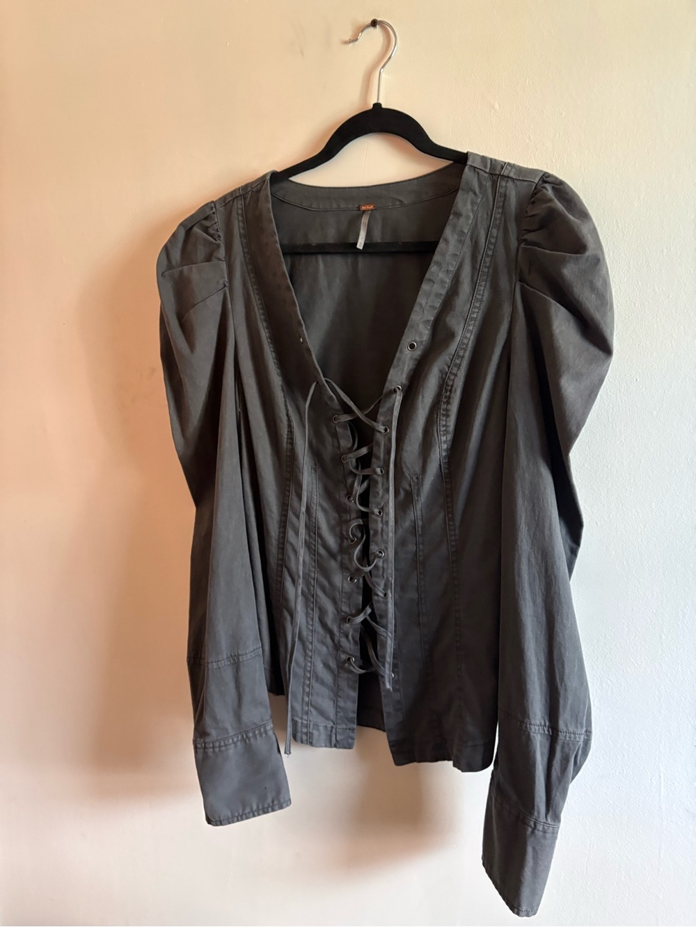 Free People Charcoal Lace-Up V-Neck Puff Sleeve Top
